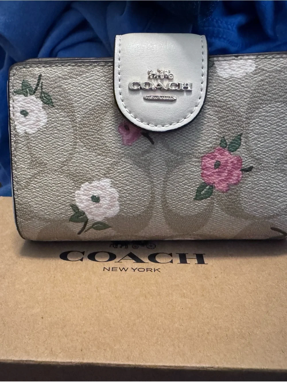 Coach Floral Signature Canvas Wallet in Beige, Pink and White